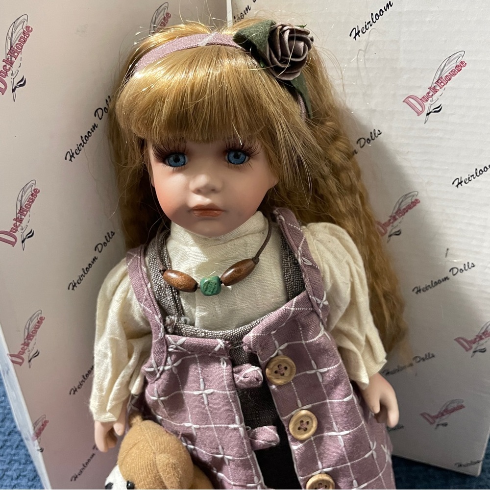 Duck House Heirloom Doll, Joan with Teddy Bear